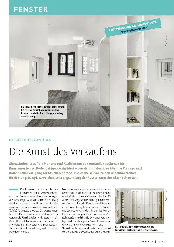 GLASWELT Artikel über Herzog Bau und ShowMotion Ausstellung für Fenster