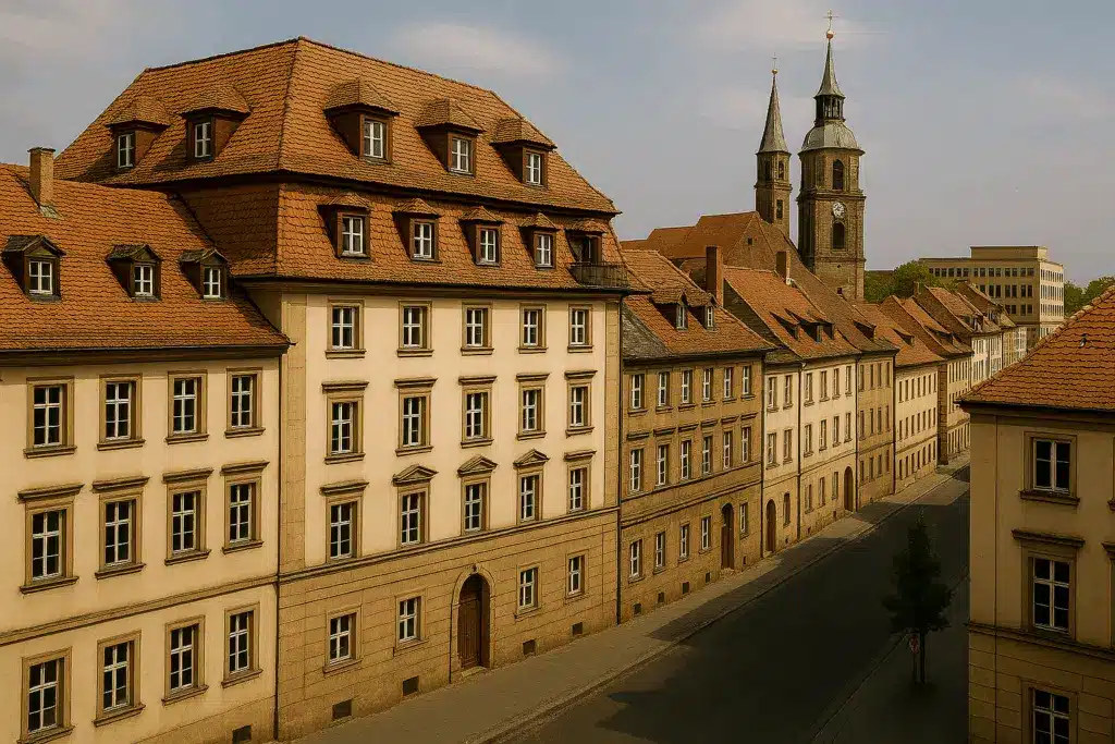 Altbauten in einer Straße in Erlangen mit Kirche im Hintergrund